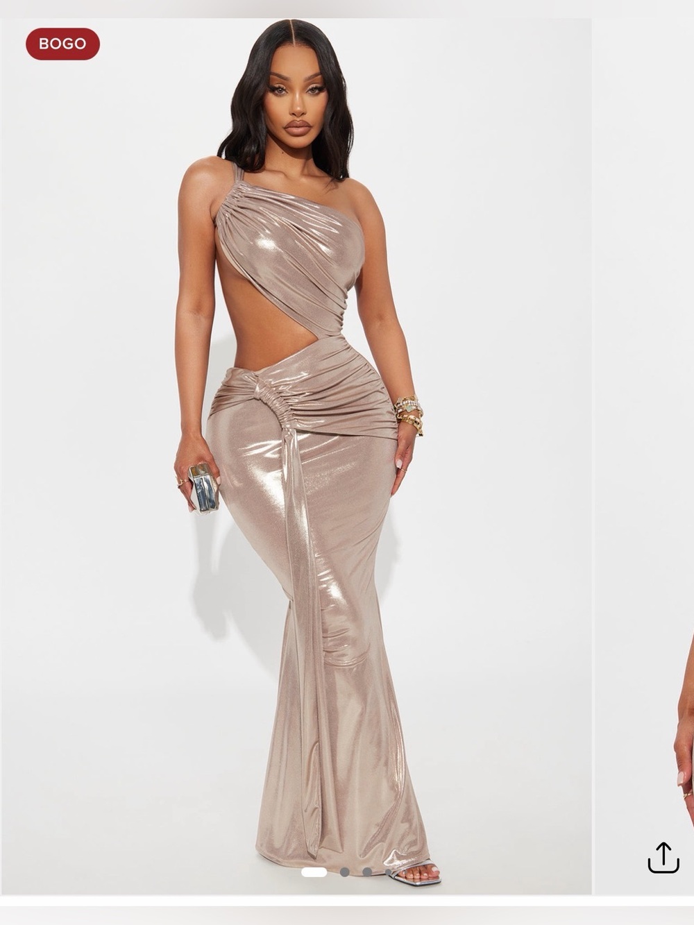 Fashion Nova One-Shoulder Metallic Cutout Maxi Dress in Champagne Taupe